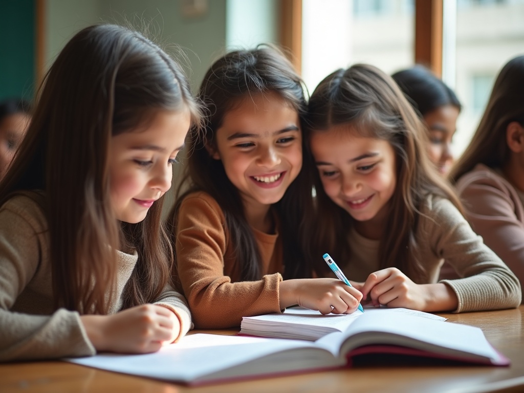 Sınıfta birlikte kitap okuyan ve öğrenen mutlu çocuklar