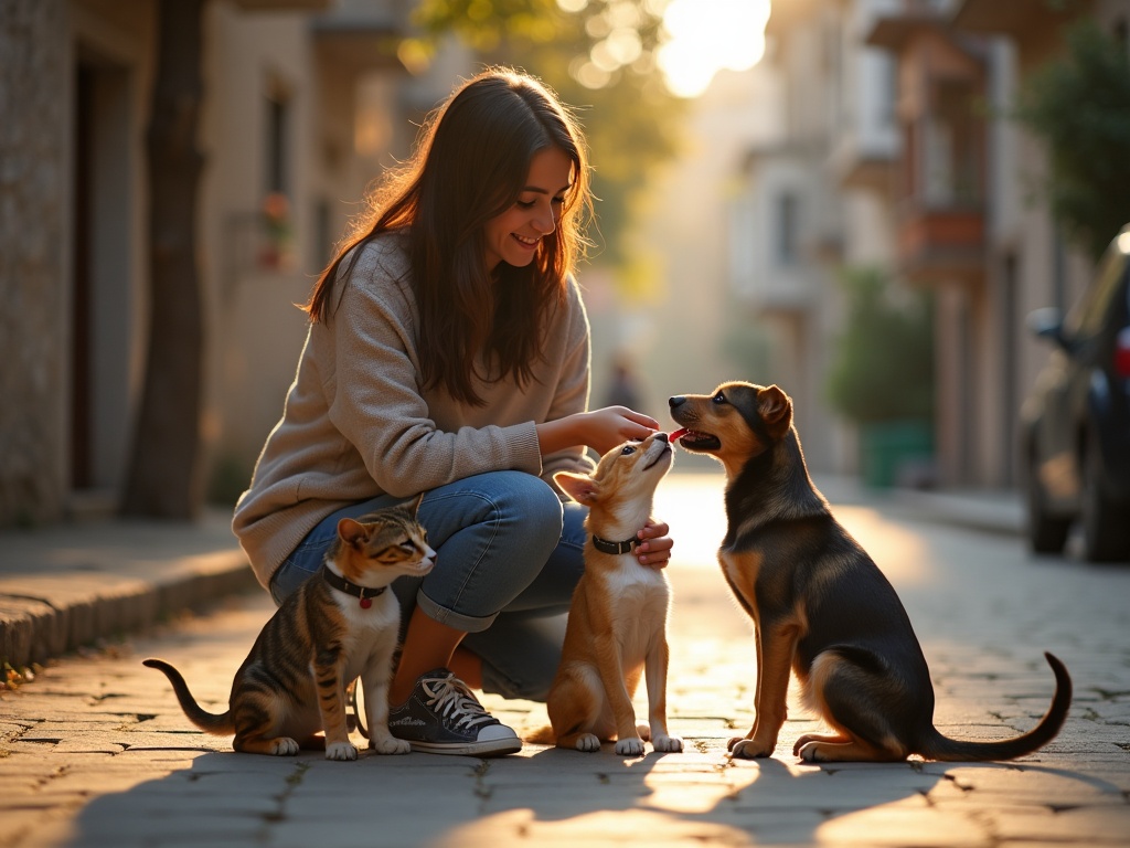 Volunteer lovingly feeding a dog and cat on a sunny street