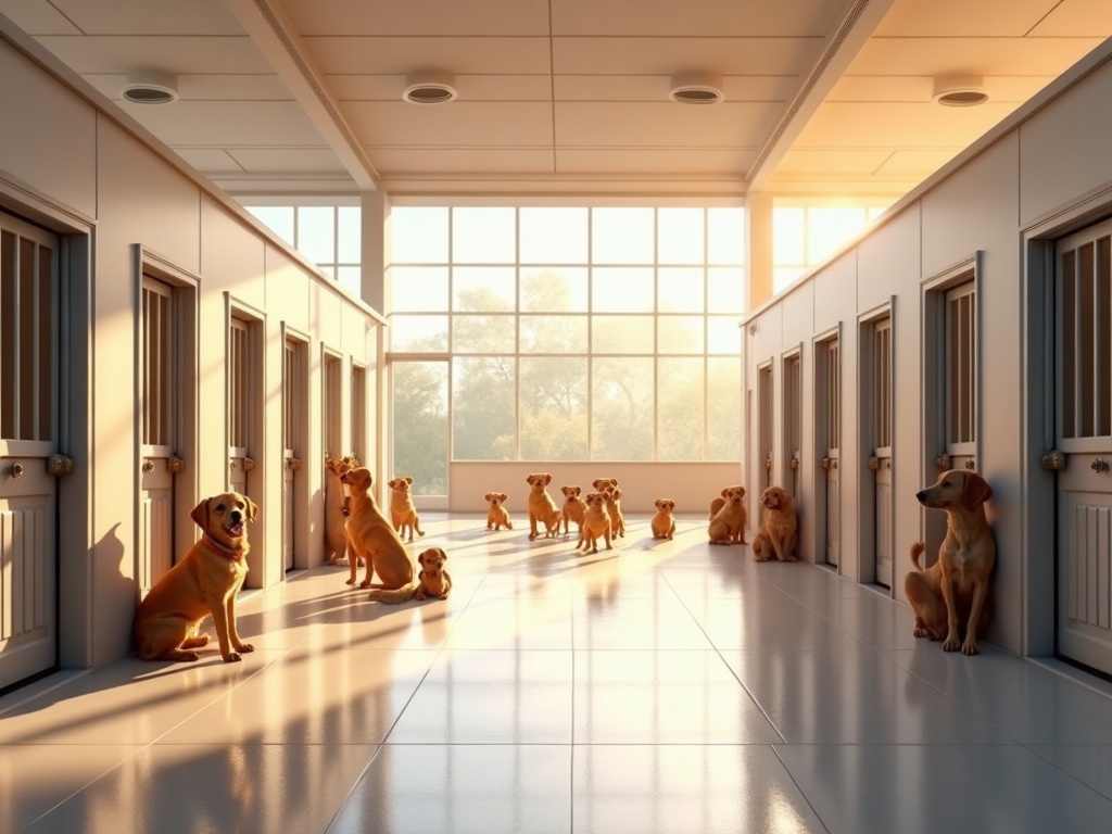 Aydınlık, modern, tam otonom hayvan barınağında mutlu köpekler ve kediler